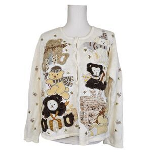 VNT Designer's Originals Cream Textured Embroidered Teddy Bear Sweater Size PL